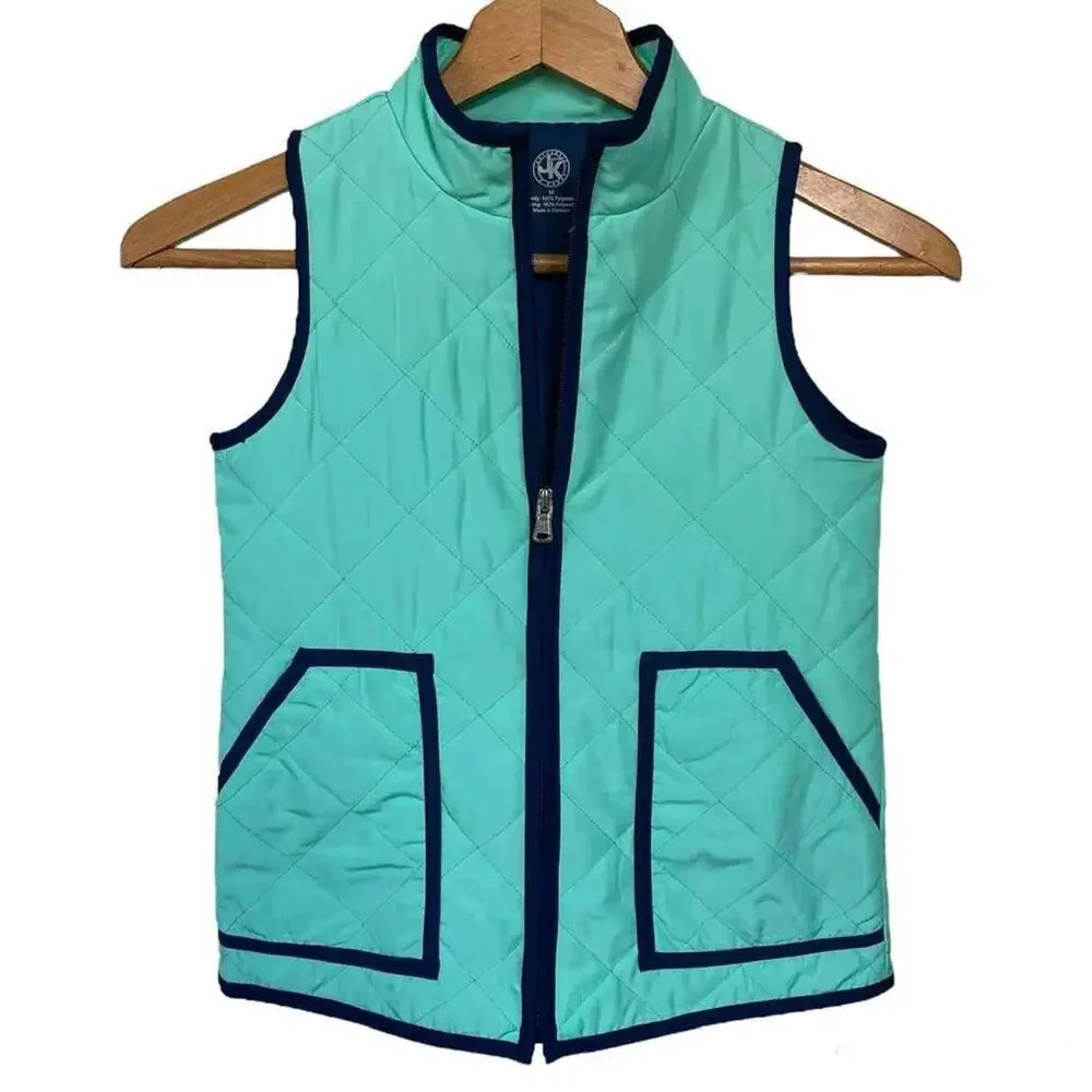 Girls Medium 8 JK Mint & Navy Blue Quilted Zip Up Vest with Pockets